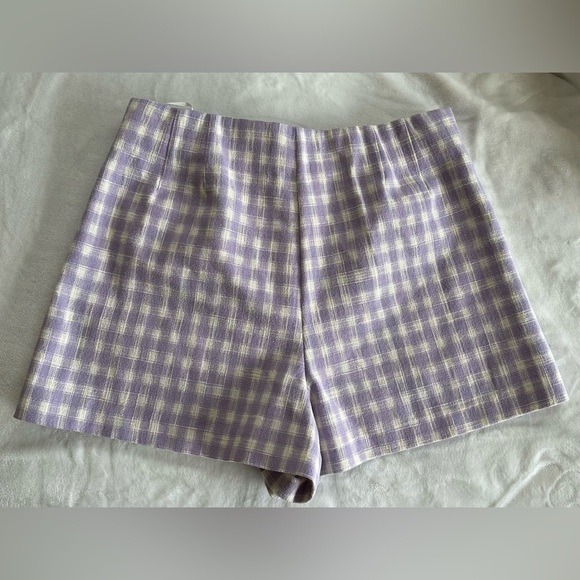 Zara Gingham Shorts Women’s Size M Lavender White Front Zip High Rise - Picture 4 of 6